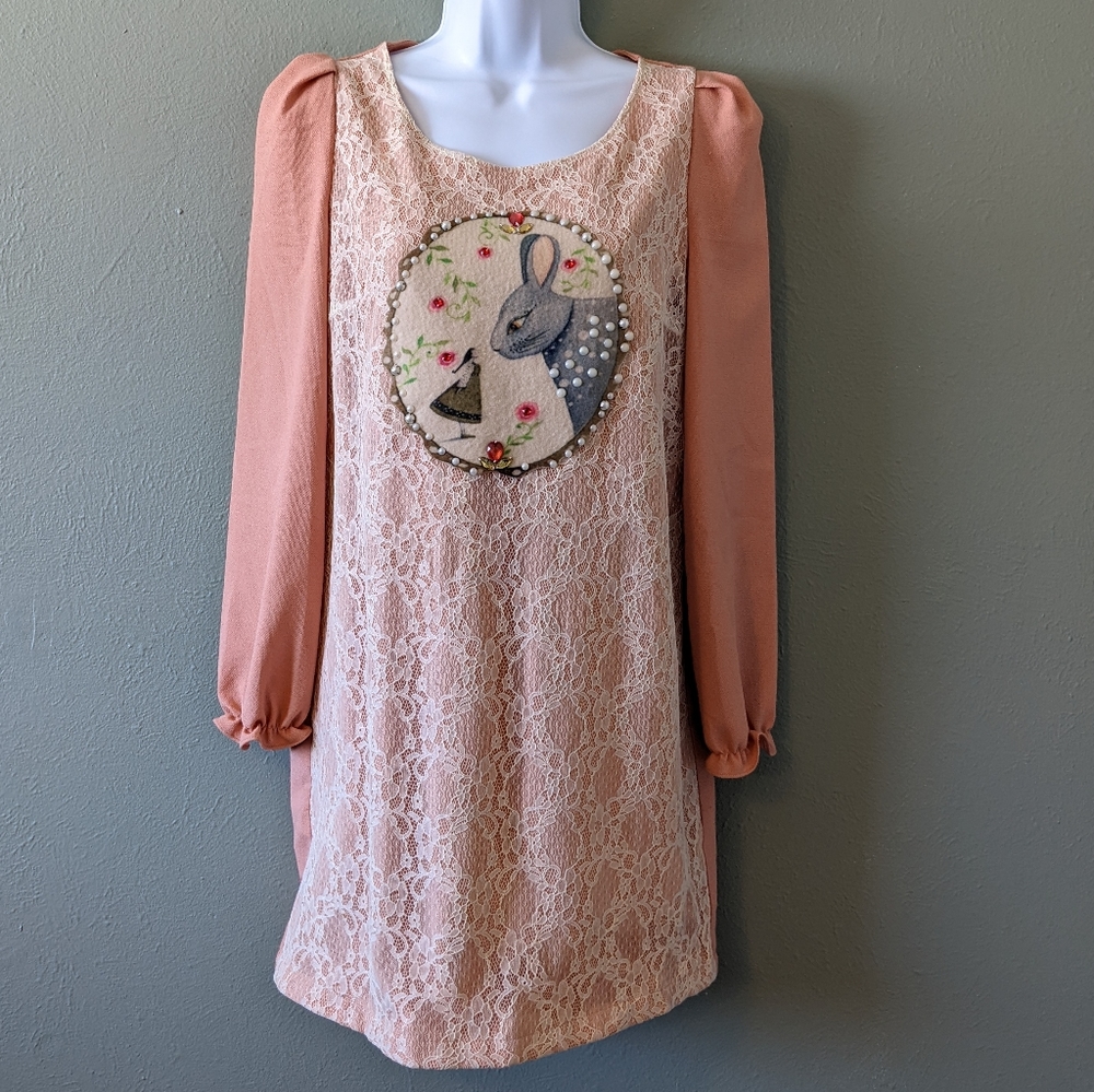 Vintage Korirl Pink Lace Long Sleeve Mini Rabbit and girl Dress Size L